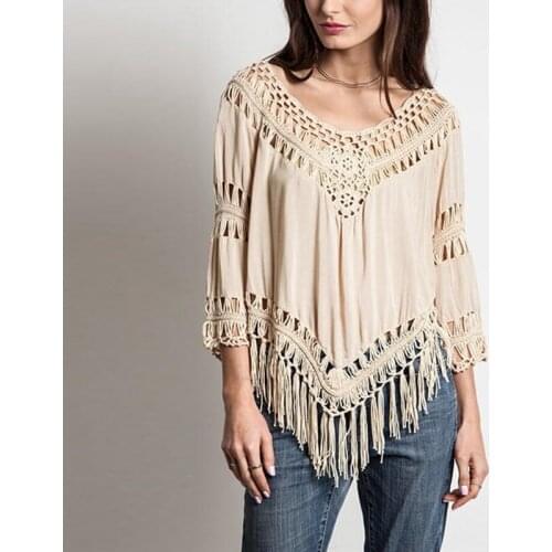 3 Colors Blusas 2019 Summer Style Women Hollow Irregular Tassel Hem Blouse Shirt Sexy Ladies V-Neck Casual Loose Tops