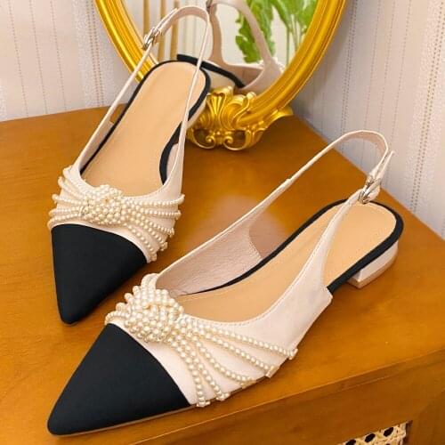 Womens genuine leather fabric patchwork black pointed toe slip-on flats slingback summer casual comfortable sandals shoes women