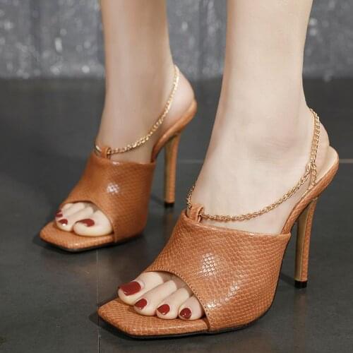 Vogue Fashion women summer sandals slip on high heels shoes snake print metal chains ladies sandals square toe party shoes