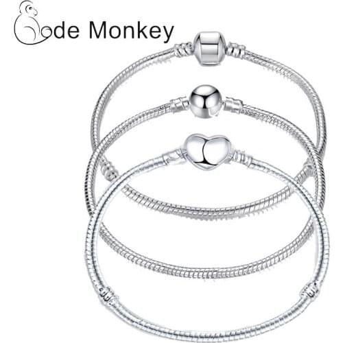 17-21cm Silver Color Love Snake Chain Bracelet Fit Original Design Beads Charm DIY Bead Bangles Jewelry Making Fashion Gift
