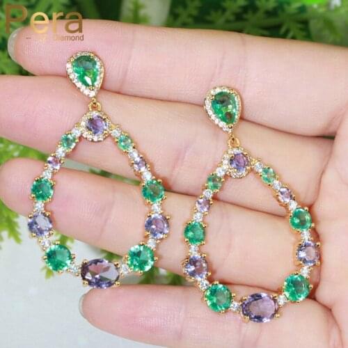 Pera Designer Purple Green CZ Crystal Yellow Gold Long Big Round Dangle Drop Earrings for Ladies Costume Party Ear Jewelry E620