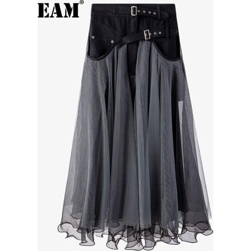 [EAM] Gray Mesh Long Denim Buckle Ball Gown High Waist Half-body Skirt Women Fashion Tide New Spring Autumn 2021 1DD6945