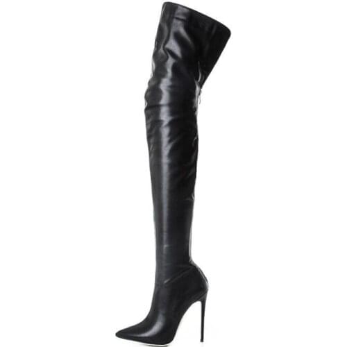 Fetish Black Women Over the Knee Crotch Boots High Quality Pointed Toe High Heel Party Shoes Stiletto Zipper Ladies Footwear