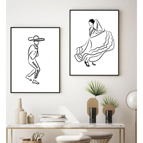 Spanish Folk Dancer Black White Sketch Painting Ballet Folklorico Mexican Art Print Female Canvas Poster Wall Picture Home Decor