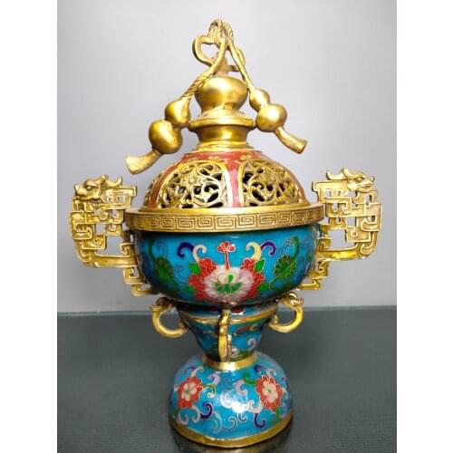 Chinese temple collection Old Bronze Cloisonne Enamel Dragon statue gourd eight treasures Three-legged incense burner Ornaments