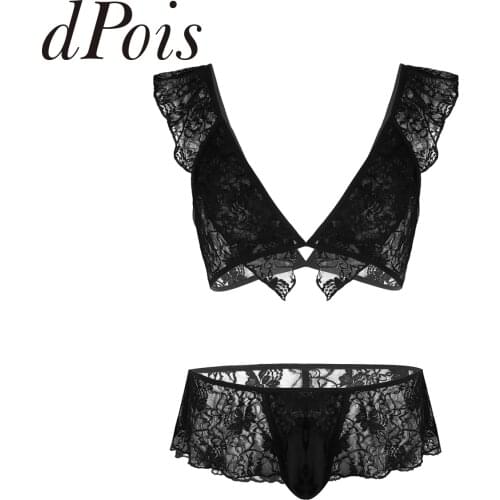 2Pcs Sissy Bra Top Skirted Thong Bikini Set Mens Lace sleeve Lingerie Pouch Panties G-string Nightwear Gay Sexy Briefs Underwear