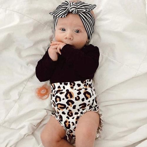 Pretty Baby Girls Leopard Print Outfit Clothes Romper Jumpsuit Tops+ Short Pants