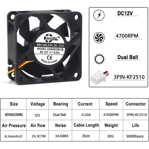 2pcs SXDOOL 60mm 6025 CPU Cooling Fan DC 12V 3 Pin Computer Case Cooler 6025 60x60x25mm Duall Ball 0.25A 4700RPM