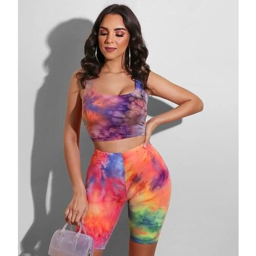 Summer new sexy casual sports women tie-dye U collar sleeveless vest tight shorts two sets