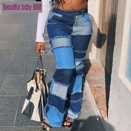 Meqeiss New Color Block High Waist Flare Jeans With Pockets Streetwear Sexy Ladies Trousers Bell Bottoms Skinny Denim Jean Pants