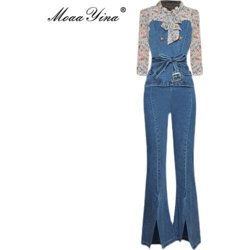 MoaaYina Fashion Set Spring Womens Lantern Sleeve Bow collar Floral-Print Tops+Trousers Cowboy Two Pieces Set