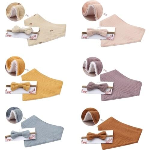 2 Pcs Baby Girls Elastic Bow Headband Saliva Towel Set Princess Bowknot Hair Band Bib Kit Soft Cotton Solid Color Feeding