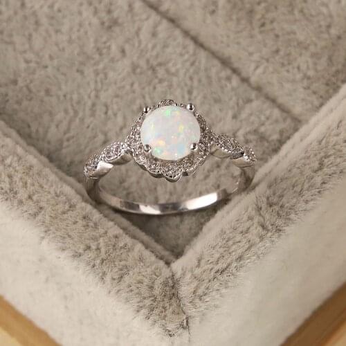 Real 925 Sterling Silver Engagement Ring Boho Female Small White Fire Opal Ring Minimalist Crystal Round Wedding Rings For Women