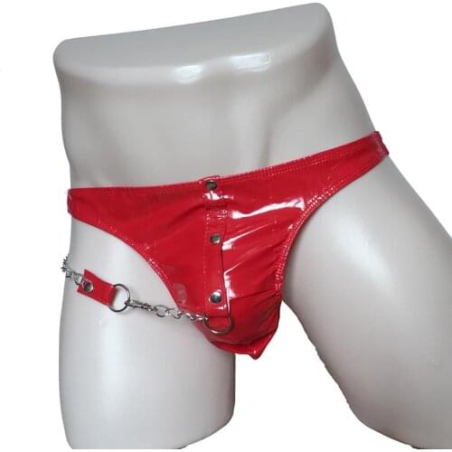 Sexy Lingerie Patent Leather Wet Look PVC Vinyl Cock Pouch Brief with Side Metal Chain Thong Fetish Bikini Male Underwear
