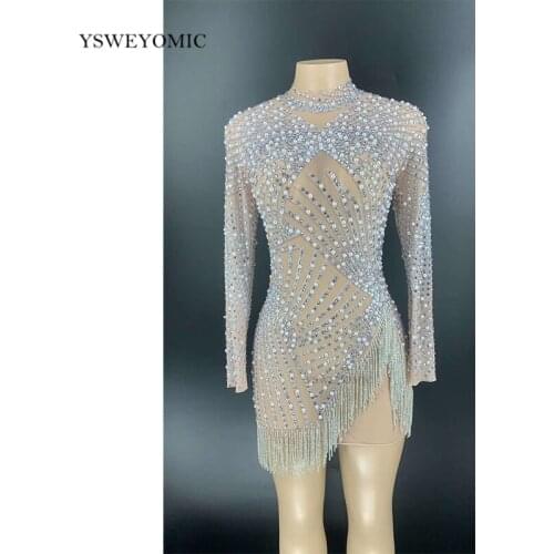 Silver Rhinestones Fringe Pearl Transparent Dress Long Sleeves Women Dance Show Dress Bar Birthday Outfit Dress For Lady
