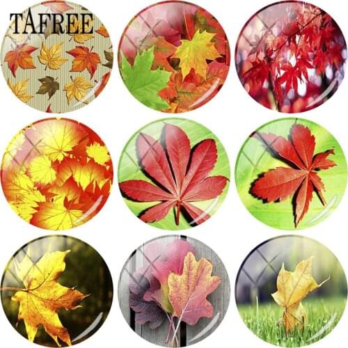 TAFREE 1pcs 25mm DIY Glass Cabochon Dome With Red Yellow Maple leaf Art Picture Charms Flatback Camo Jewelry Findings
