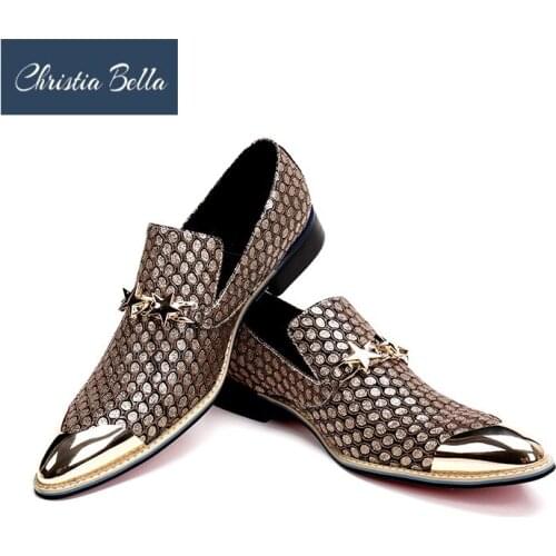 Christia Bella Luxury Gold Men Business Leather Shoes Gentleman Genuine Leather Men Dress Shoes Wedding Loafers Male Flats