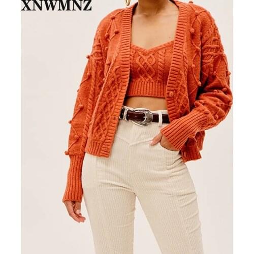 XNWMNZ Za women 2020 Classic cozy Cableknit pom pom cardigan slouchy fit plunging neckline Female Ladies fashion casual tops