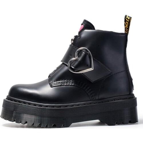 Brand Designer Women Boots Black Soft Leather Martin Boots Heart Shape Buckle Winter Autumn Shoes Platform Ankle Boot Zipper