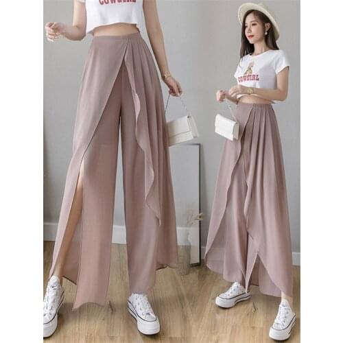 Ice Silk Wide-Leg Pants Womens Summer New High-Waist Drape Thin Chiffon Trousers Fashion All-Match 9-Points Casual Pants
