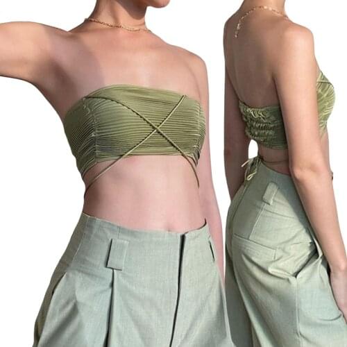 Womens Sexy Crop Cami Tops, Sleeveless Spaghetti Strap Solid Color Pleated Bandeau Camisole 2021 New Fashion