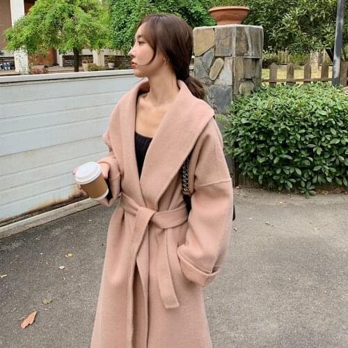 2021 new winter Cream Rose medium length knee length double-sided handmade wool coat bathrobe style large lapel coat