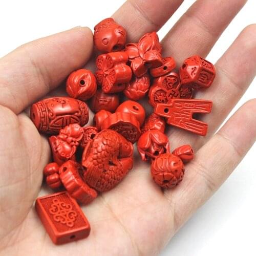 10pcs Buddhist Jewelry 30% Content Cinnabar Carved Beads Peach Heart Shape Chinese Knot FireBrick DIY Jewelry Making Bracelet
