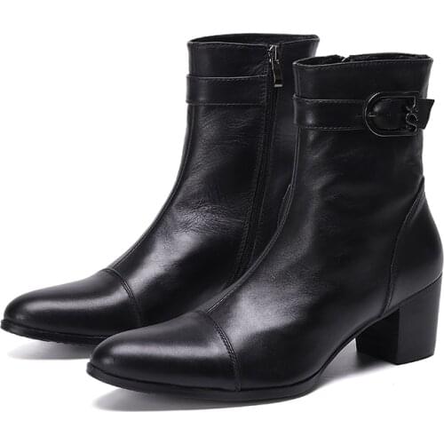 Black Bright skin leather mens cowboy boots chelsea fashion shoes High quality Heels mens shoes Formal Zipper pointed shoes