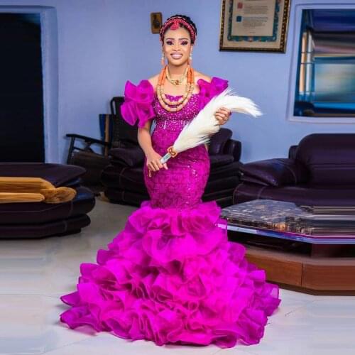 Fuchsia Mermaid Evening Dresses With Sequined Appliques Off Shoulder Beads Aso Ebi Prom Dress For Black Girls Women Vestidos