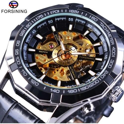 Forsining Automatic Watch Transparent Case PU Leather Steampunk Wristwatch Luminous Hands Men Skeleton Watches Top Brand Luxury