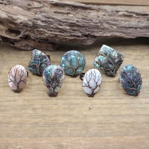 Natural Abalone Shell Tree of Life Ring Antique Copper Wire Wrap Rainbow Paua Shell Resizable Ring Women Fashion Jewelry,QC4049