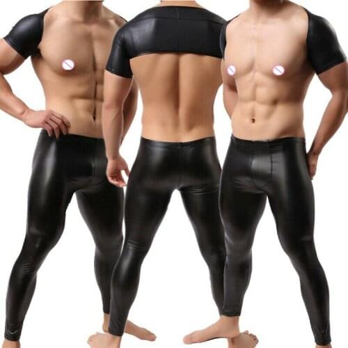 Gay Clothing Set PU Leather Undershirts WetLook Shrug Muscle Tight Short Tops Long Leather Pants Night Clubwear Men Clothes Sets