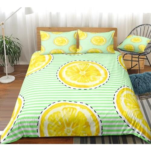Lemons Duevt Cover Set Fruits Bedding Set Golden Bed Linen Striped Lemons Bed Set Green Stripe Home Textile Golden Bedclothes