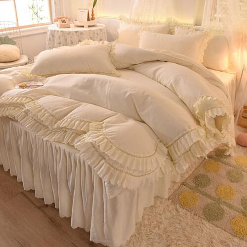 Princess Style Pure Color Washed Cotton Bedding Set, Quilt Cover, Bed Skirt And Pillowcase, Girl Bedroom Bed Decoration