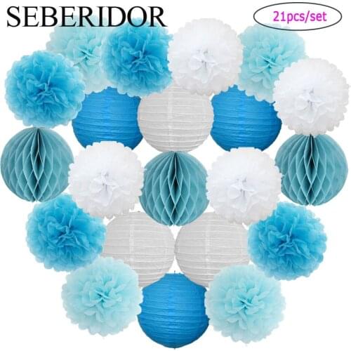 Blue Pink Beige Set Round Paper Lantern Pompom Honeycomb 6" 8" 10" 12" For Baby Girl Boy Baptism Decor Wedding Party Favor