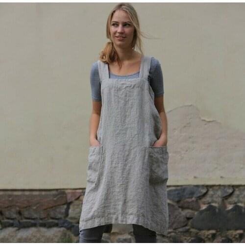 2021 Hot Uk Womens Cotton Linen Cross Back Apron Japanese Housework Wrap Pinafore Dress