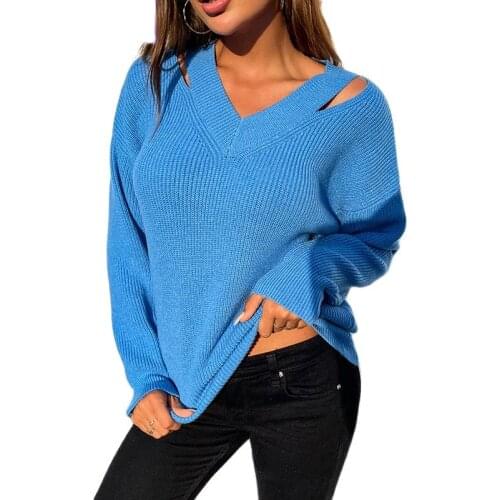 Top Fashion Winter New European American Womens Sweater Amazon V-neck Solid Color