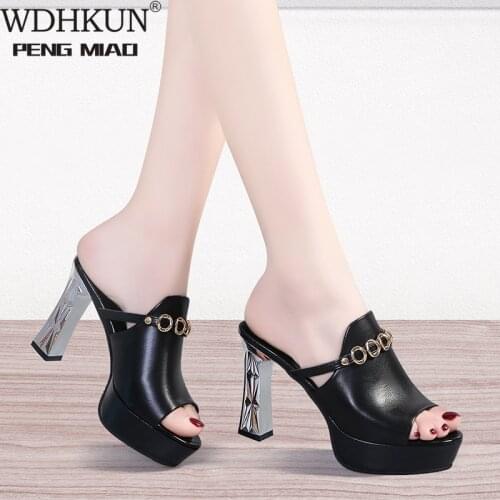 Ladies Leather Sole Slippers Women Sexy High Heel Mules Clogs Black Peep Toe Platform Mules Emal Slip on Sandals Shoes