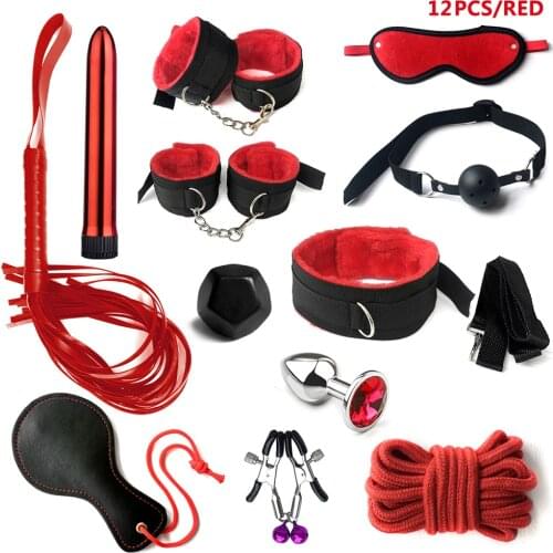 12Pcs BDSM Bondage Set Handcuffs Nipple Clamps Whip Spanking Metal Anal Plug Gag Collar Erotic Sex Accessories Adult Games