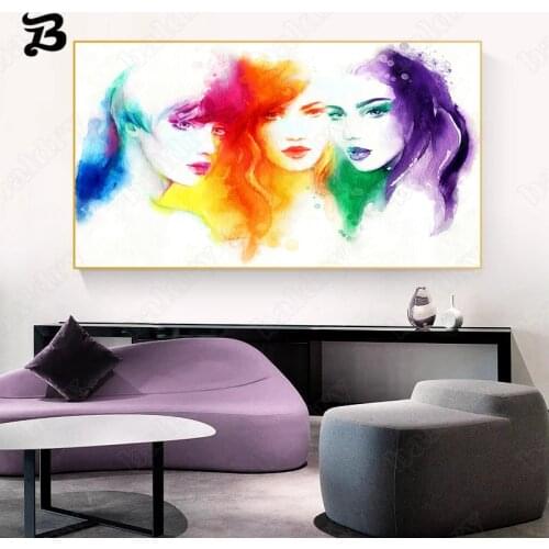 Canvas Painting Wall Art Abstract Watercolor Three Beautiful Women with Fashion Makeup and Hair Graffiti Wall Poster Home Decor
