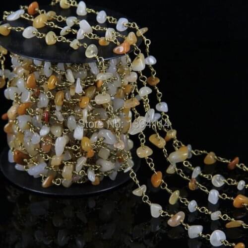 Natural Yellow Stone Chips Beaded Chain, Wire Wrapped Chip Beads DIY Chain