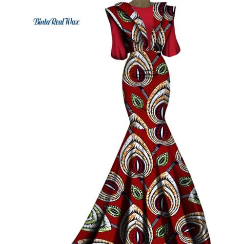 New Elegant African Women Dress Bazin Riche Cotton African Wax Print Floor-Length Half Sleeve Party Dress African Clothes WY6888