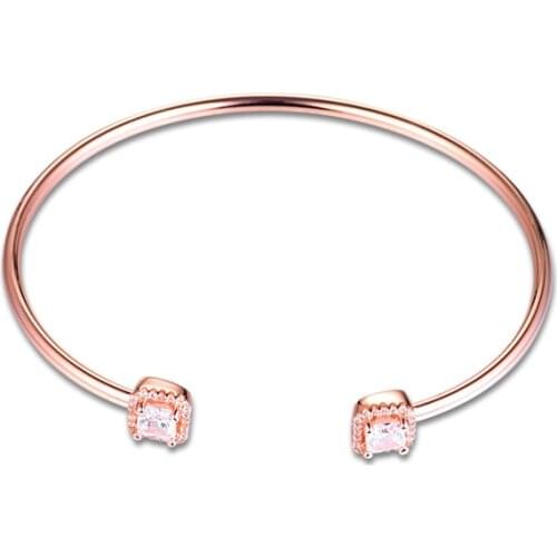 Square Shine Open Bangle Female Rose Golden Jewelry Clear CZ Classic Charm Bracelets For Women Rose Golden Bracelets & Bangles