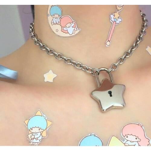 Cute Star Shape Lock Metal Silver Color Pendant Necklace For Women Girl Creative Geometric Charms Choker Necklace Trendy Jewelry