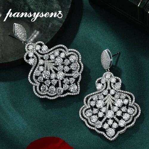 PANSYSEN 100% 925 Sterling Silver Huge Size Simulated Moissanite Diamond Leaf Drop Earrings Luxury Cocktail Party Fine Jewelry
