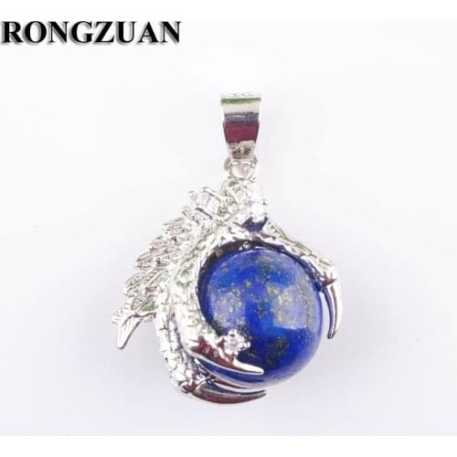 RONGZUAN Natural Lapis Lazuli Gem Stone Round Ball Bead Dragon Claw Crystal Pendant Necklace 18" Chain Jewelry TN3113