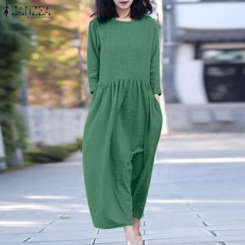 ZANZEA Women Autumn Dress Vintage Solid Casual Mid-calf Sundress Retro Robe Femme 3/4 Sleeve Oversized Loose Cotton Vestidos