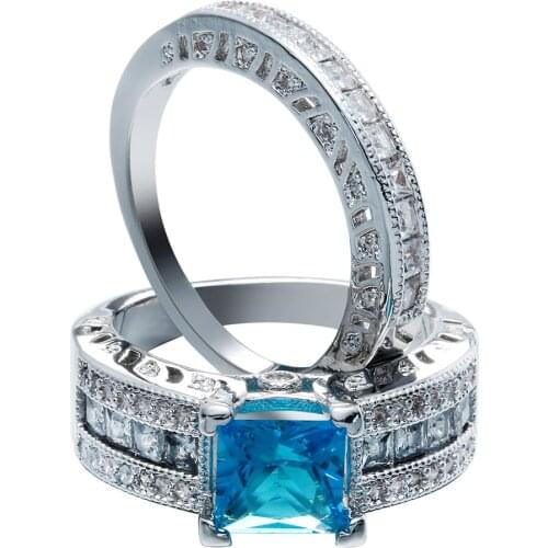 Sliver Color Luxury 2 Rounds Bijoux Fashion Wedding Ring Sets AAA+ blue Cubic Zirconia Jewelry For Women As Chirstmas Gift