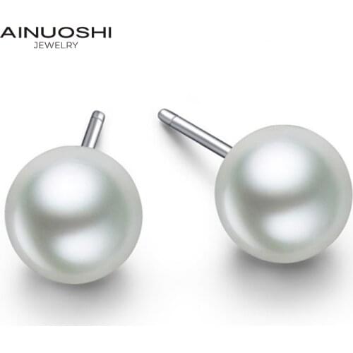 AINUOSHI 925 Sterling Silver Round White Gold Pearl Stud Earrings For Women Pearl Earrings Jewelry Gifts