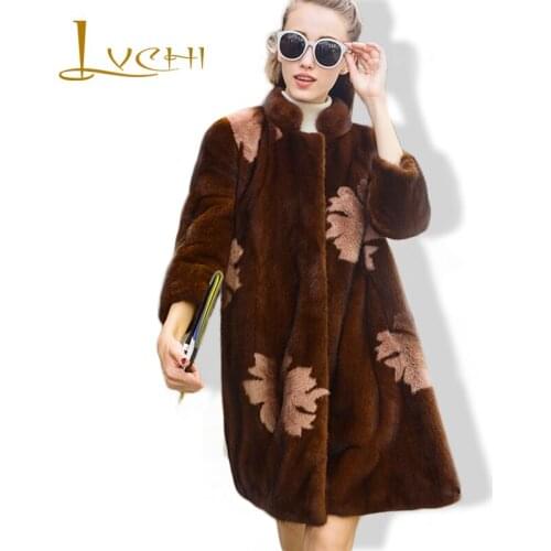 LVCHI 2019 Spring Real Mink Coat Women Floral High Quality European Star Nine Quarter Sleeve New Natural Full Mink Fur Coat